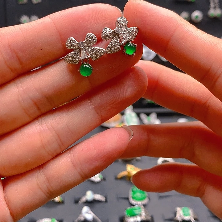 翡翠戒指银S925镶嵌耳钉