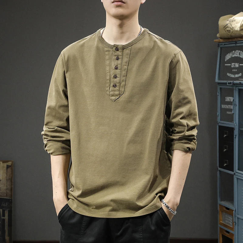 U&PURA美式潮牌亨利领男长袖t恤2025春新款纯棉百搭舒适简约潮流