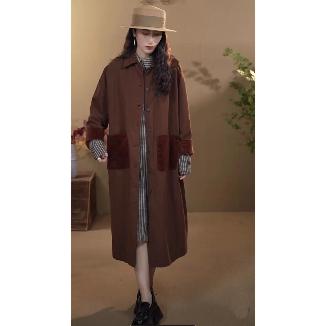 孤2310  休闲口袋撞色风衣外套24秋冬气质时尚宽松中长款外套