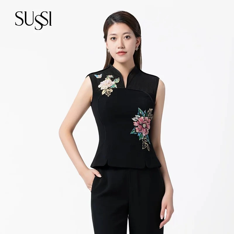 SUSSI/古色25夏商场同款前开衩后企领肩腰刺绣无袖连上衣