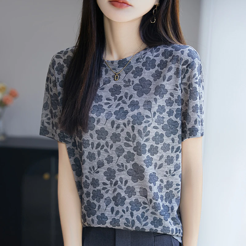 哥弟阿玛施正品新款印花T恤夏季冰丝修身短袖上衣洋气百搭慵懒风