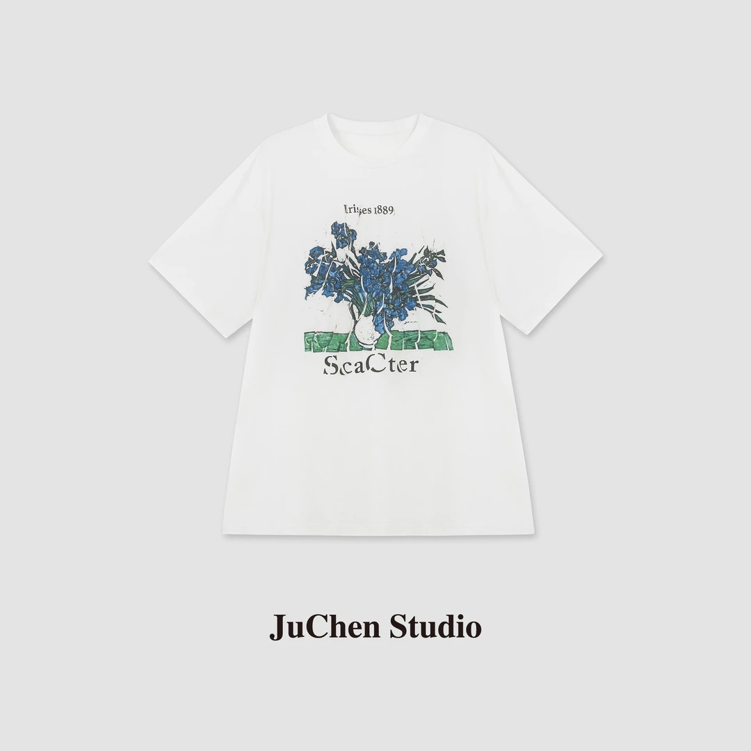 梵高画作鸢尾花油画印花字母圆领宽松短袖T恤 SS044183