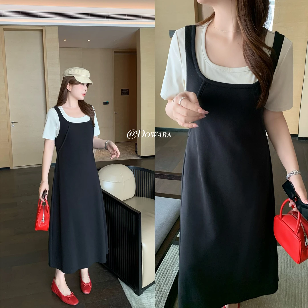 现货大婉酱微胖定制韩系设计感假两件连衣裙洋气衣服女裙子 6714D