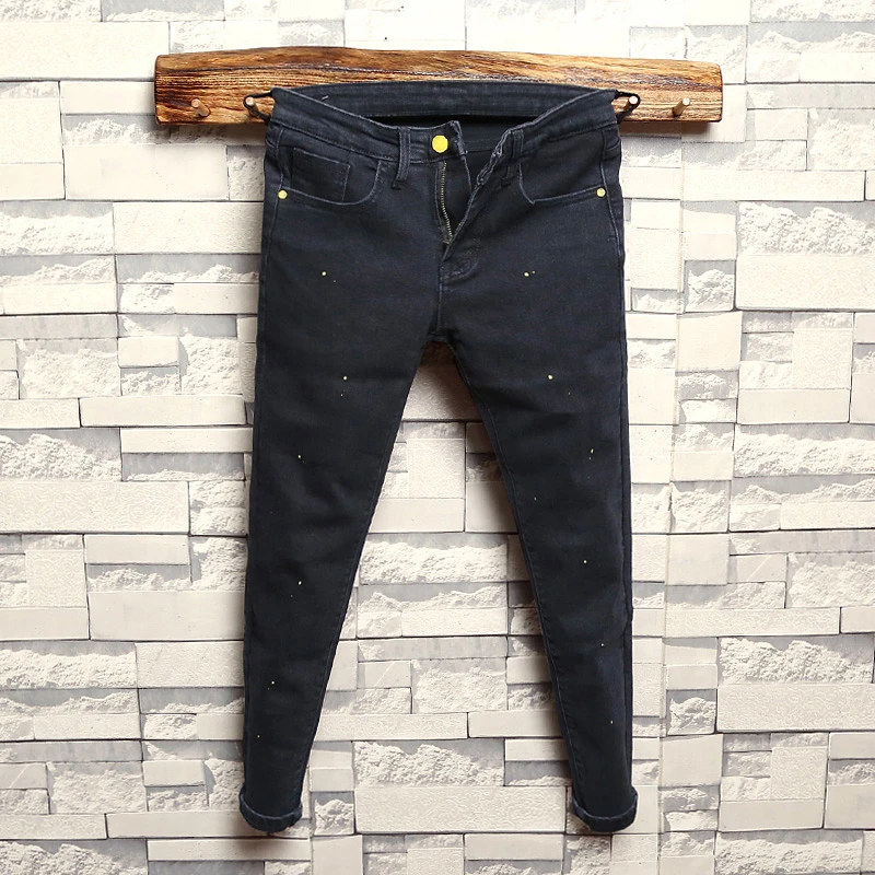水洗做旧黑修身九分牛仔裤男个性漆点小脚长裤弹力显瘦加绒铅笔裤