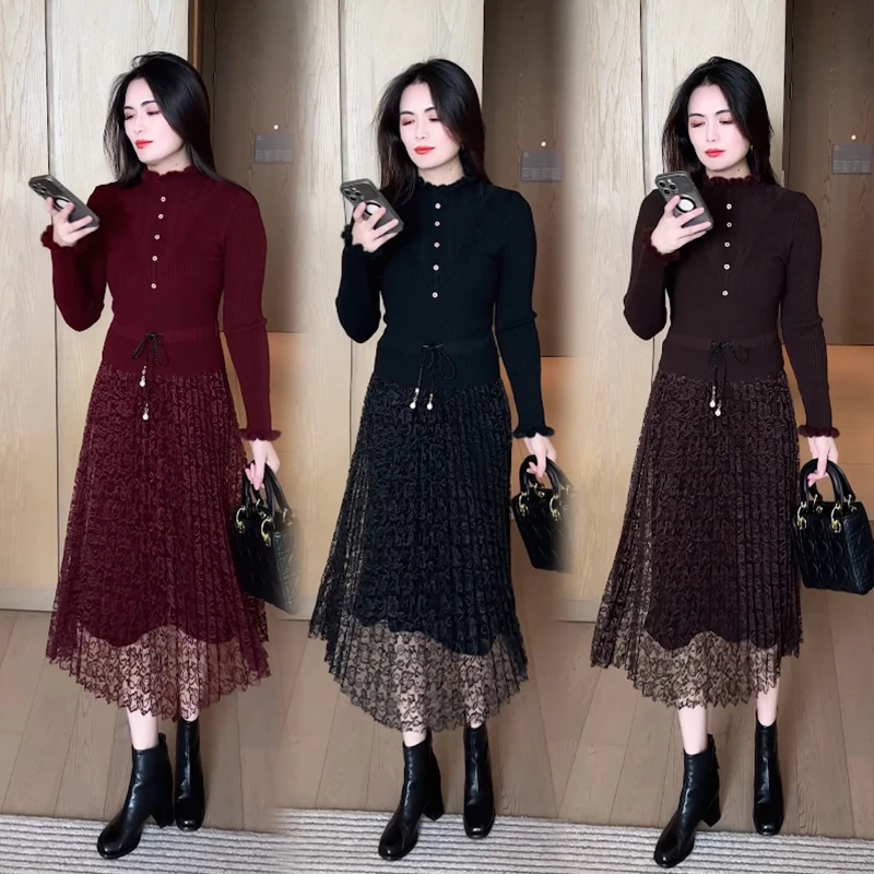 女装针织连衣裙春秋2025年新款显瘦时尚洋气秋冬打底假两件套裙子