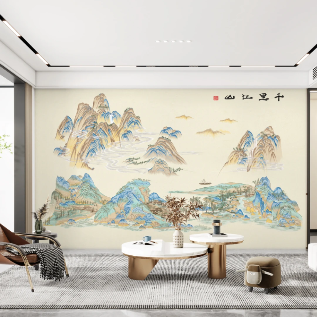 升级版彩金版千里江山图沙发背景墙适用于办公室中堂电视机背景