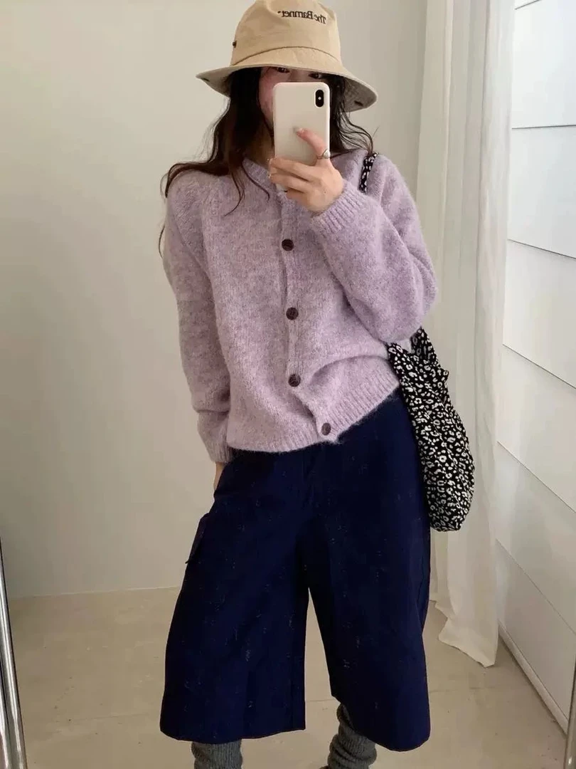 韩系温柔花线软糯慵懒风针织开衫女秋季新款宽松气质显瘦毛衣外套