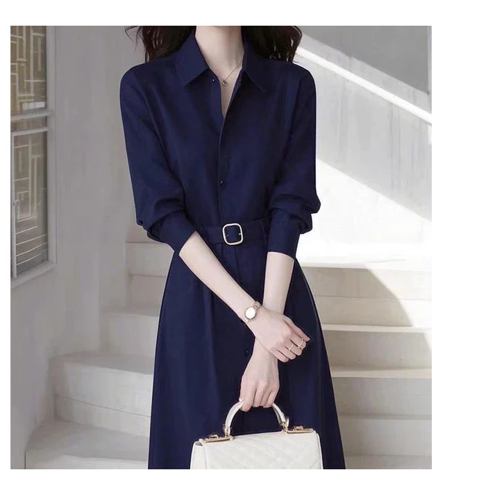 2025法式气质名媛高端女神范轻奢高级感正式场合蓝色衬衫连衣裙子