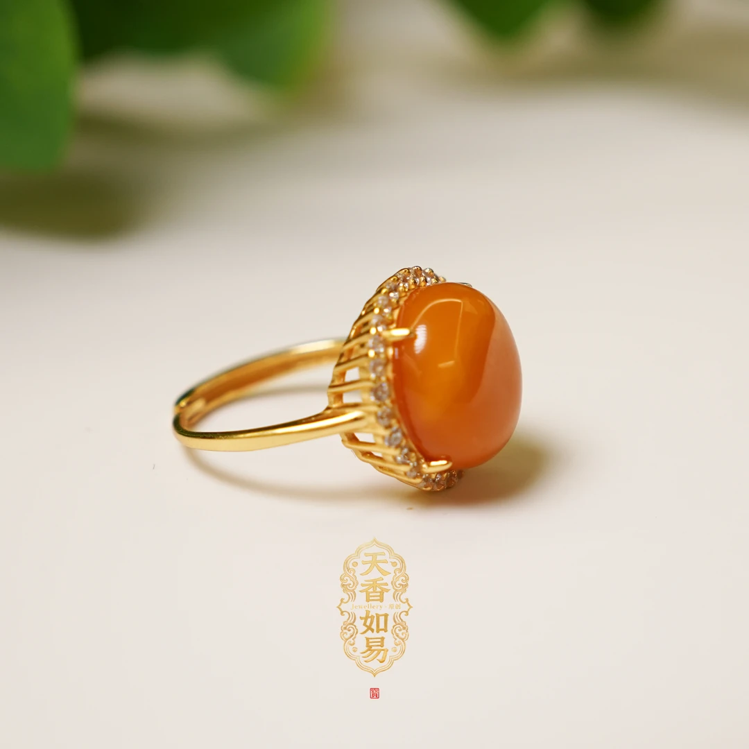 【天香如易】天然琥珀蜜蜡老蜡S925银蛋面戒指