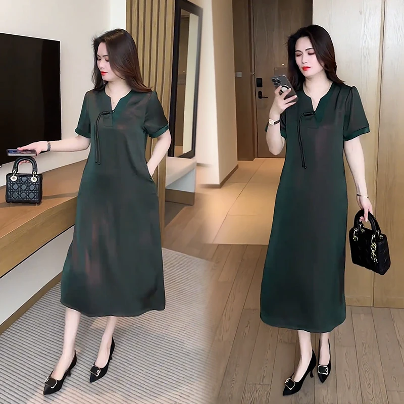 时尚洋气妈妈装国风连衣裙高级感2025夏季新款过膝遮肉大码T恤裙