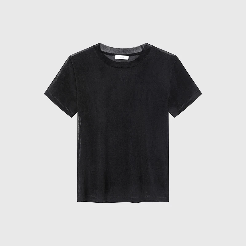 白弓BAIGONG/2025年早春新款复古调性轻柔植绒网眼面料T恤52679X