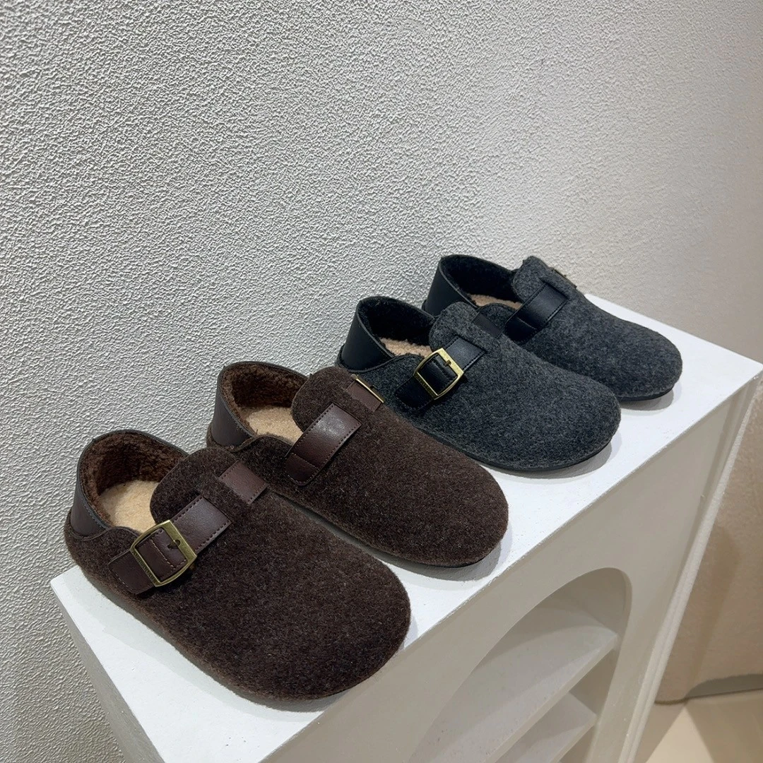 晚晚风温柔灰加绒勃肯鞋女2025秋冬外穿一脚蹬懒人休闲保暖豆豆鞋