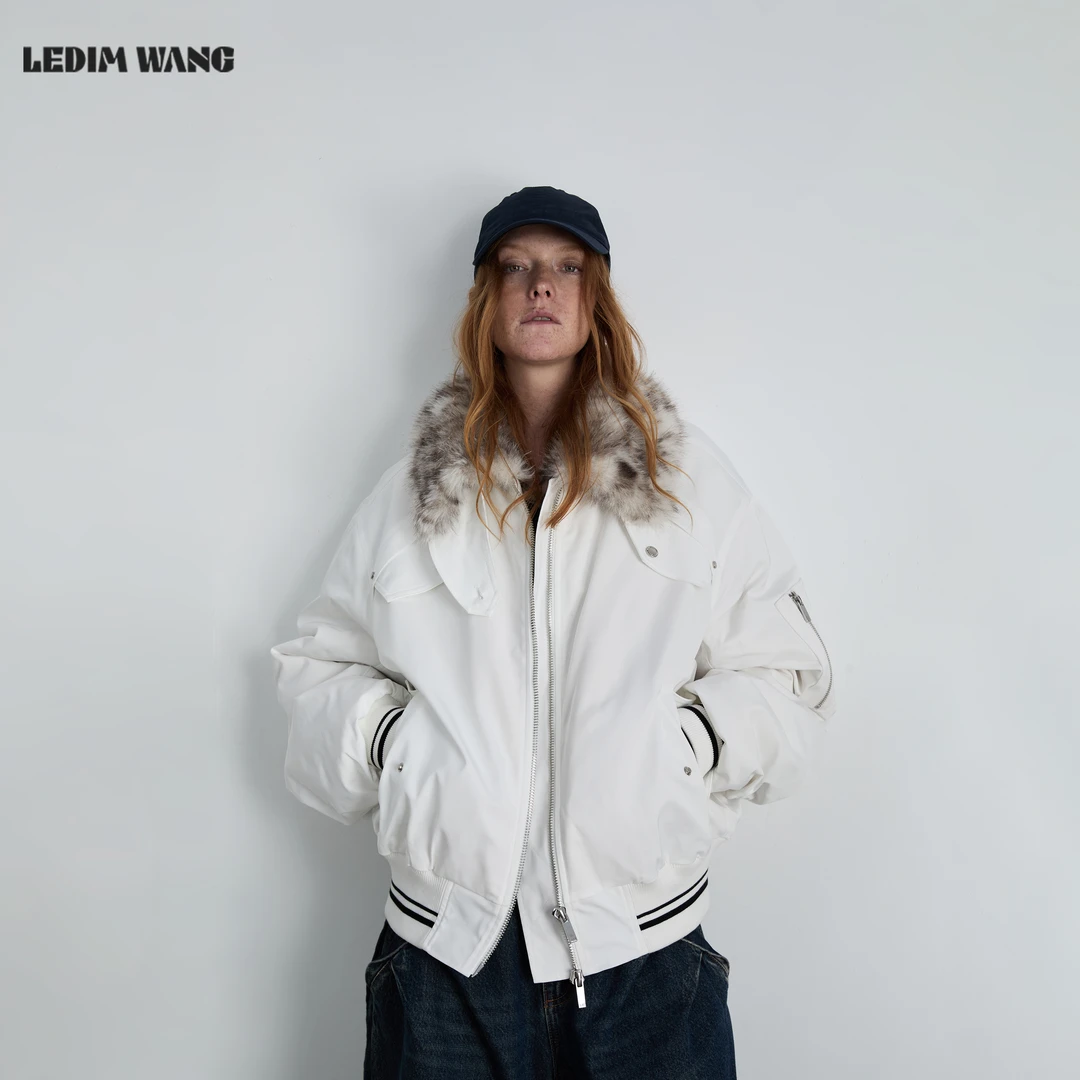 LEDIM WANG动物纹毛领棒球外套