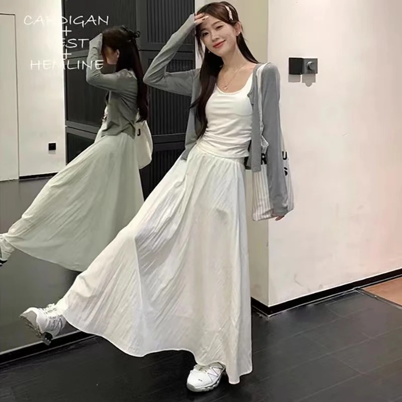 白色裙裤女夏季薄款小个子百褶a字半身裙棉麻高腰直筒垂感阔腿裤