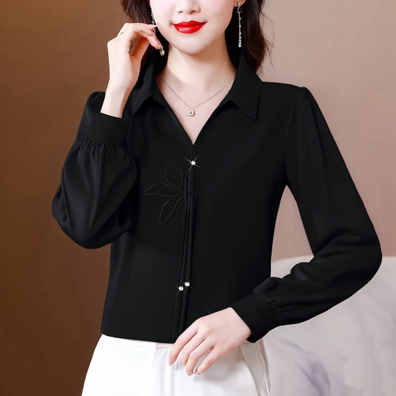 春季新款衬衣女长袖时尚气质显瘦简约绣花休闲百搭纯色上衣潮2165