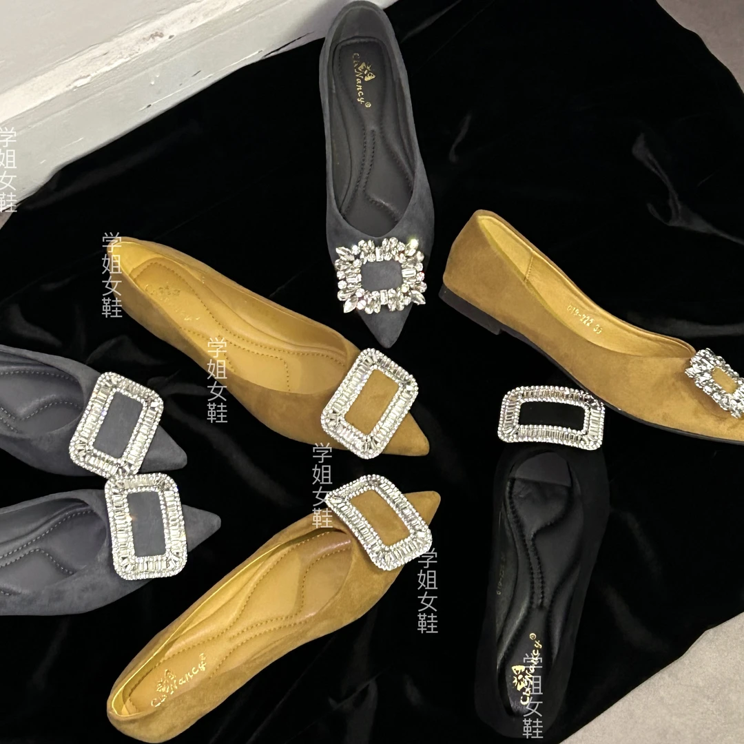 法式尖头单鞋女2025年新款秋冬浅口鞋子水钻黑色女士气质平底瓢鞋