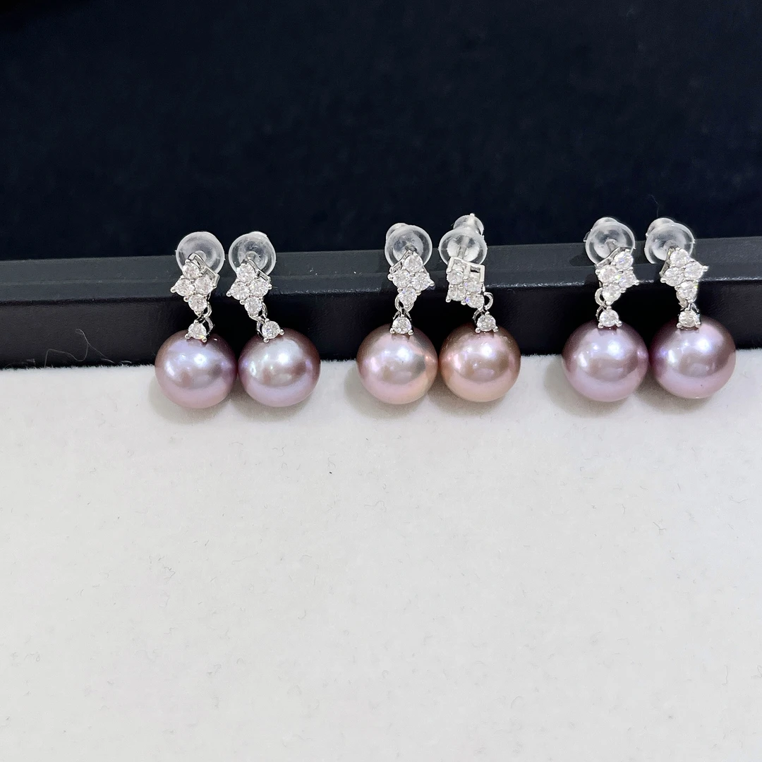 天然珍珠 淡水紫珠多锆款耳钉 9-10MM S925银 多样性发一 P1205