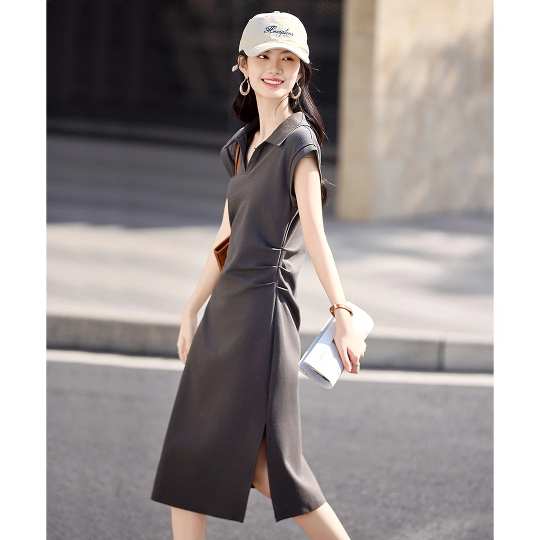 尚静极简风抽褶收腰连衣裙2025夏季新款落肩袖中腰中长裙POLO裙