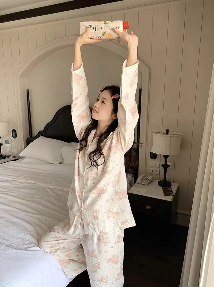 【蝶恋甜香】新款睡衣女春秋季甜美蝴蝶印花开衫舒适外穿家居服套装
