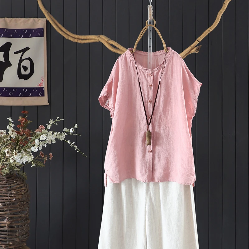25年夏季圆领短袖纯色衬衫上衣女100%亚麻飞飞袖前短后长凉爽麻衫