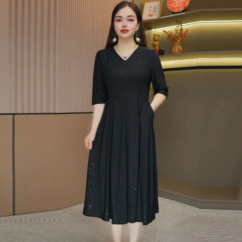中年女装春秋新款气质显瘦纯色中长款妈妈夏装中袖连衣裙