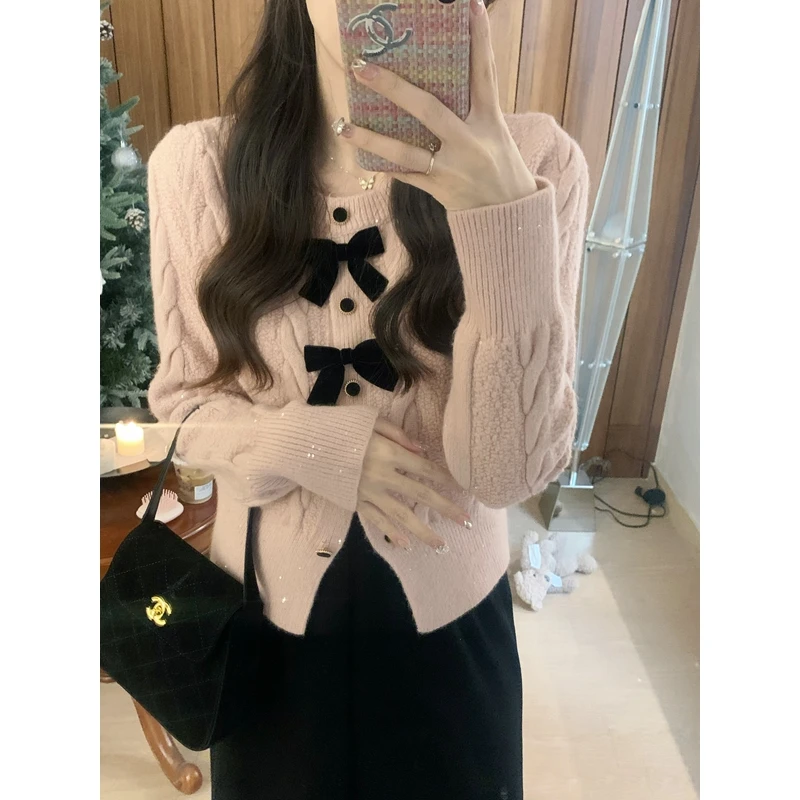 安安 气质小香风蝴蝶结毛衣开衫