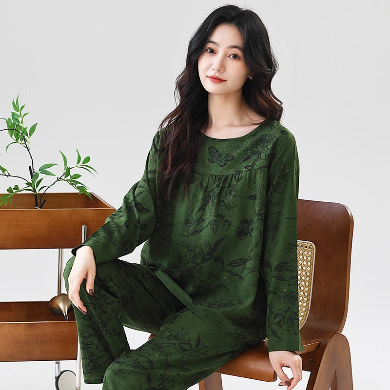 棉绸睡衣女士2025新款妈妈绵绸家居服套装中老年人长袖两件套薄款