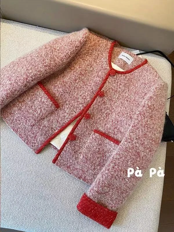 运补6~8氛围感圣诞新年显白红色小香风毛呢外套女短款编织上衣冬