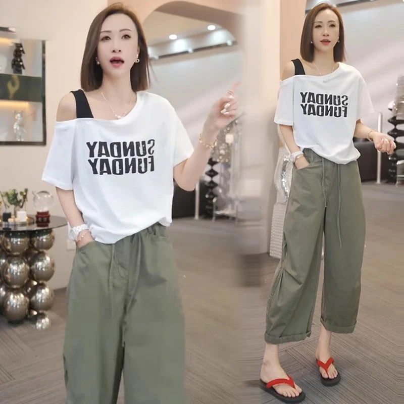 时尚休闲套装女夏季新款洋气质露肩短袖T恤八分工装山本裤两件套