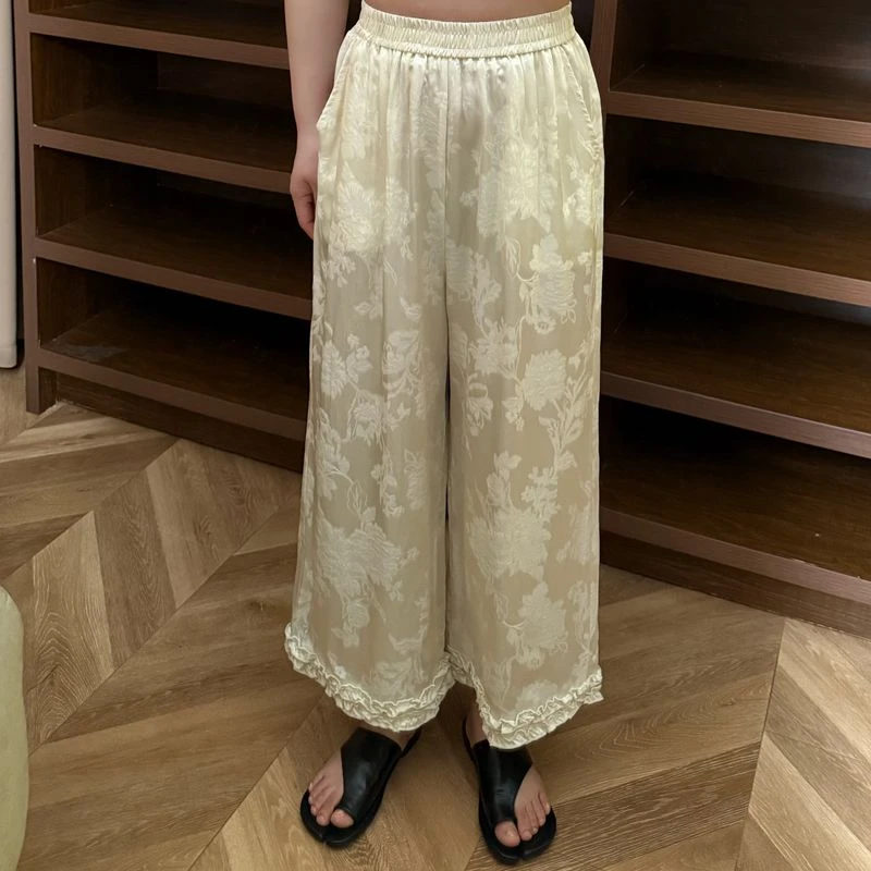 新款欧版大版女士提花醋酸松紧腰直筒裤休闲夏季高腰【不能机洗】