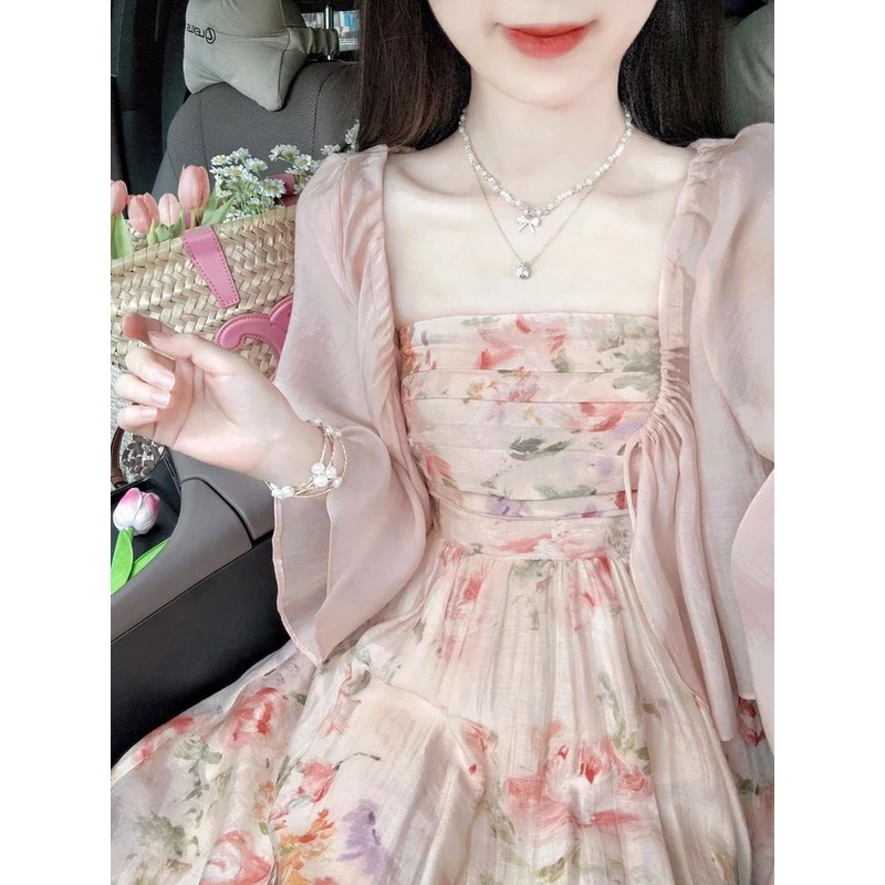 法式碎花抹胸洋装女秋季小个子高级感气质收腰仙女长裙两件式套装