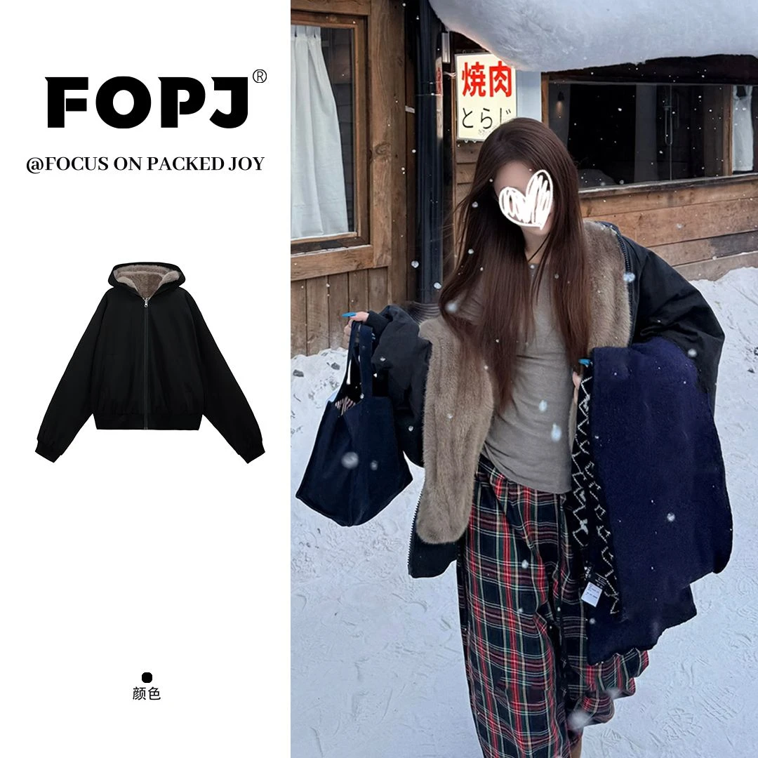 FOPJ冬季双面穿复古座山雕连帽棉服女设计感加绒保暖毛绒夹克外套
