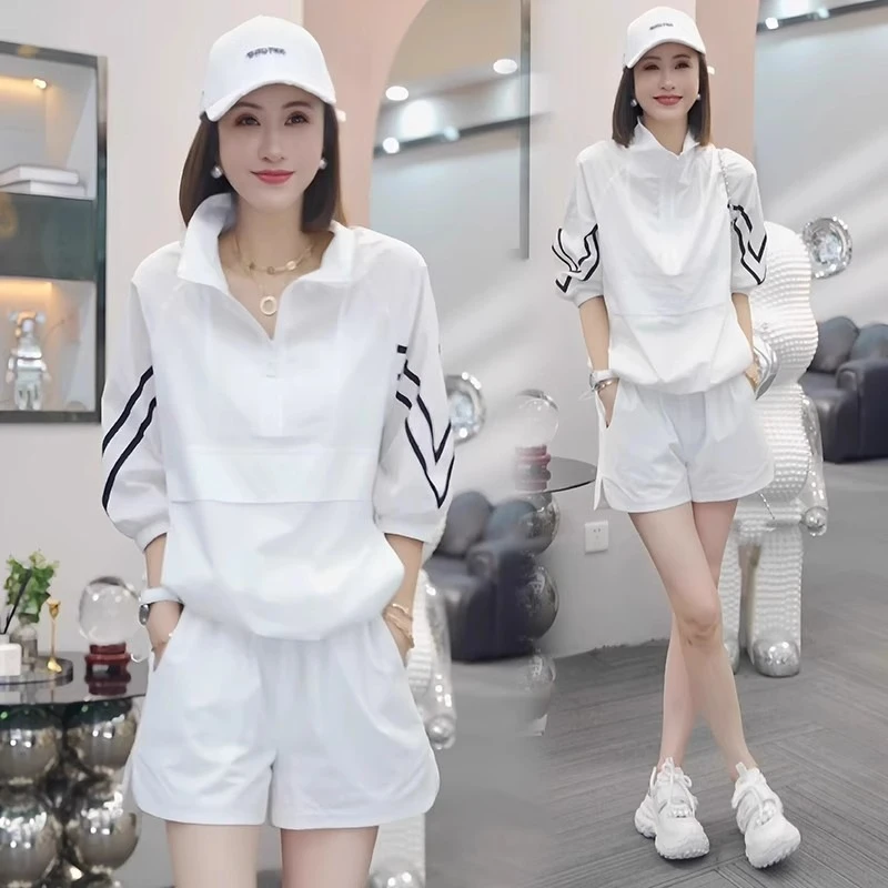 阮黛短裤套装夏季气质时尚休闲百搭宽松拼色镂空连帽短袖两件套女