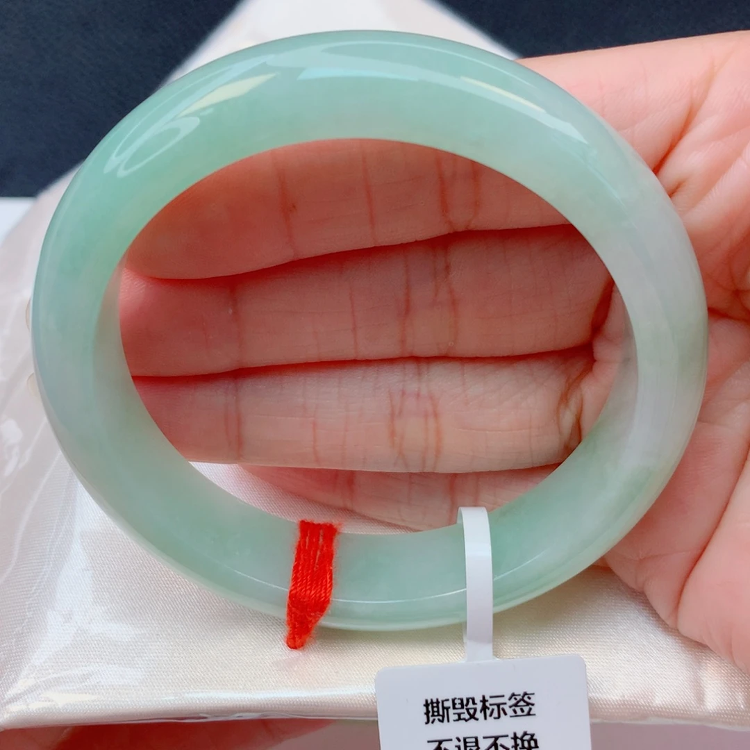 翡翠未镶嵌手镯57圈 细糯化苹果绿轮胎镯无纹裂有棉