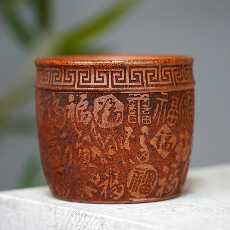 宜兴紫砂杯纯全手工刻绘百福杯龙骨金砂主人杯品茶具宜兴紫砂杯