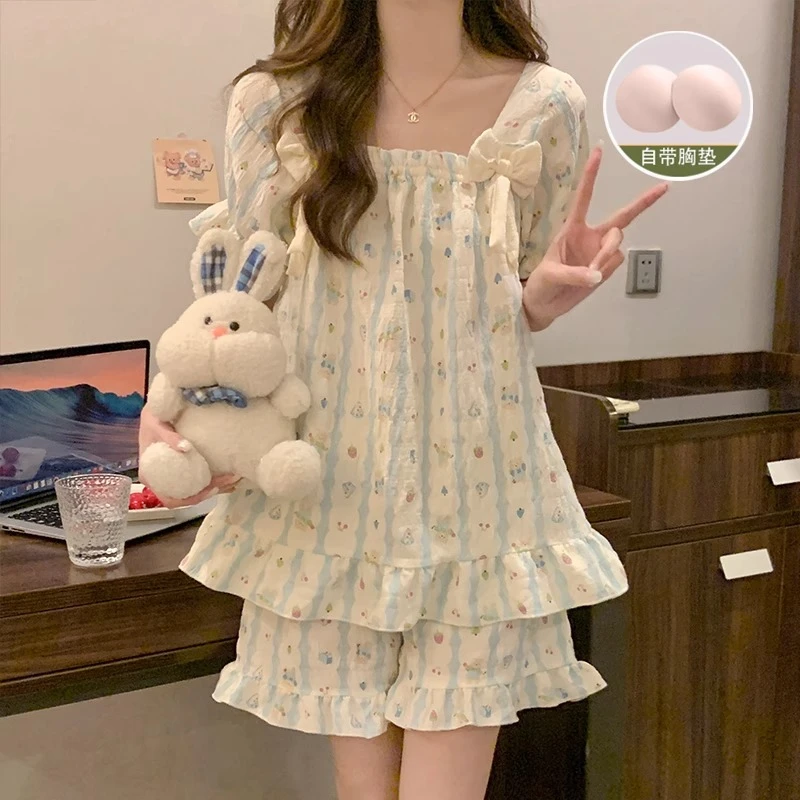 带胸垫睡衣女夏季短袖短裤云朵棉网红薄款可爱甜美卡通套装家居服