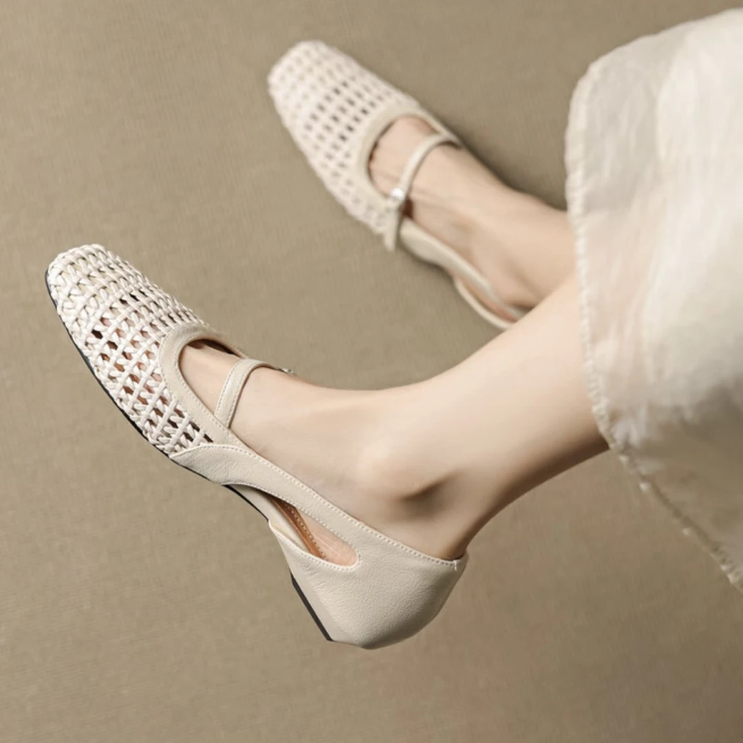 羊皮版法式镂空编织浅口单鞋女外穿夏真皮方头透气一字带低跟凉鞋