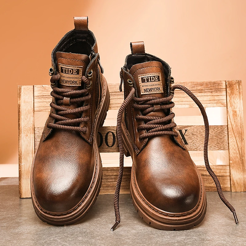 猛犸探陆工装靴高帮厚底真皮软底男款靴复古英伦风秋冬加绒马丁靴