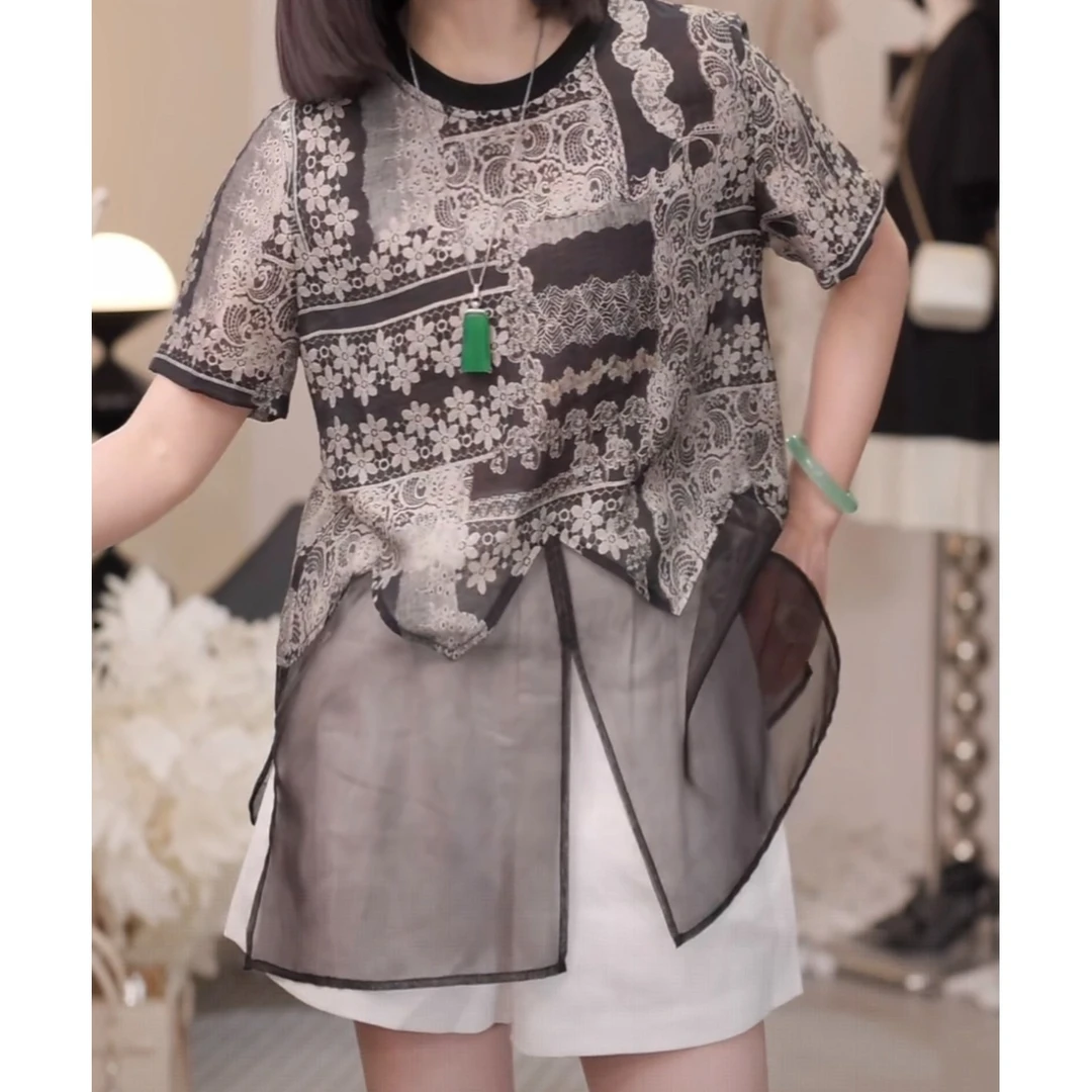 夏日出游度假风轻奢拼花精致短袖上衣2025新款小众设计感洋气小衫