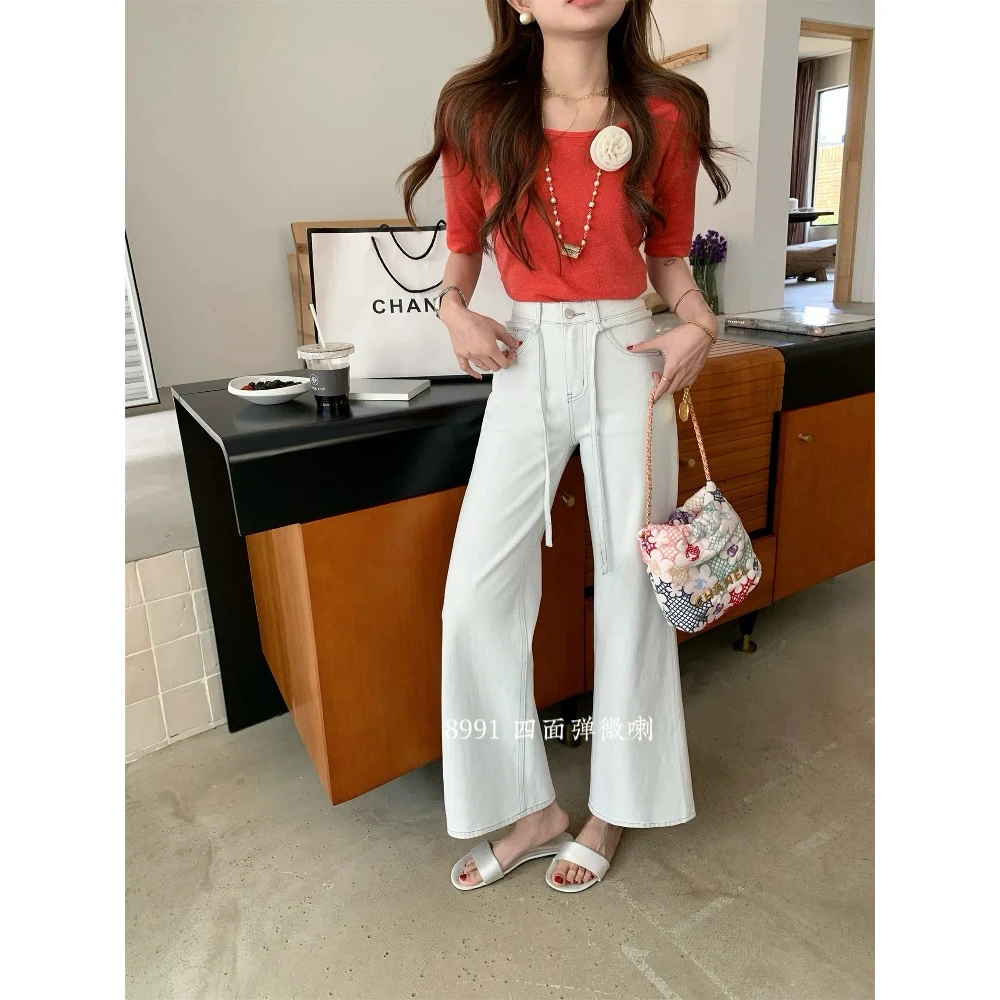D8991#小个子也能入手！！白色高腰微喇叭裤
