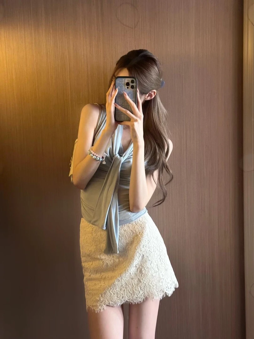 韩系温柔气质百搭领带背心修身显瘦上衣纯欲辣妹性感蕾丝包臀短裙