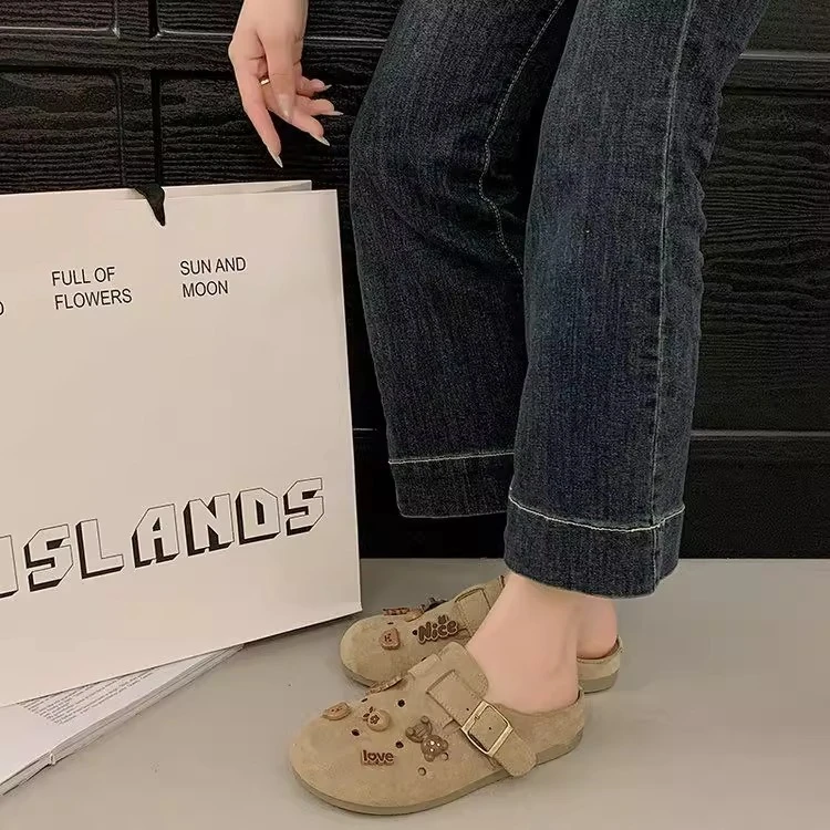 肯鞋厚底洞洞鞋女增高博肯鞋包头半包翻毛皮拖鞋396