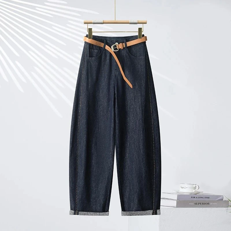 夏季薄款深蓝防掉色弯刀牛仔裤女2025年高腰显瘦设计感阔腿镰刀裤