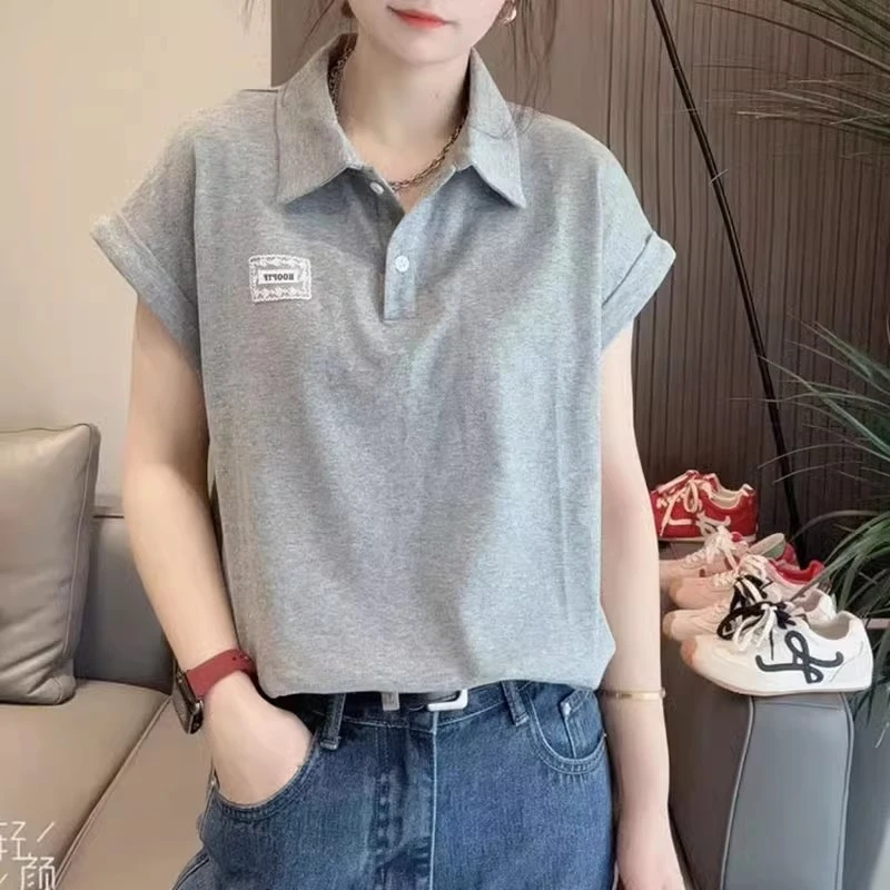 短袖T恤女2025夏季新款时尚简约POLO衫宽松百搭显瘦字母刺绣上衣