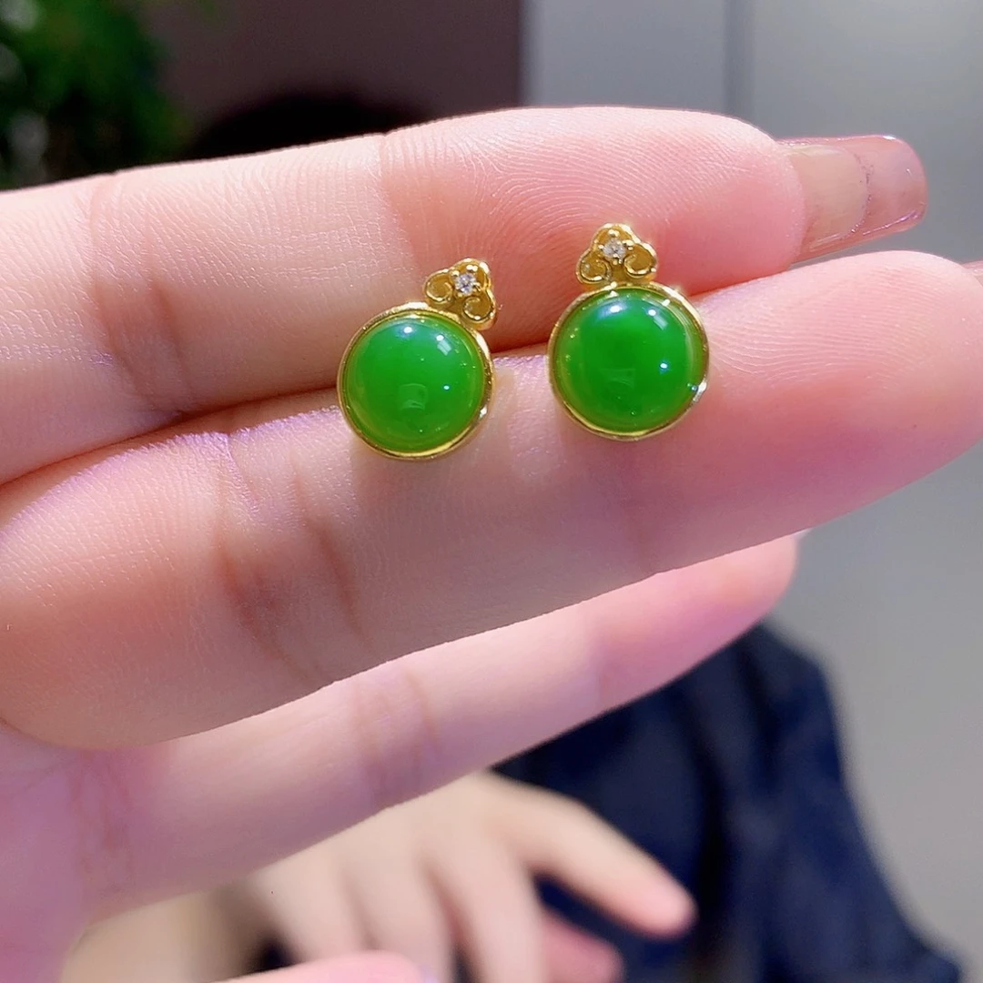 和田玉（碧玉）银S925镀金镶嵌耳饰