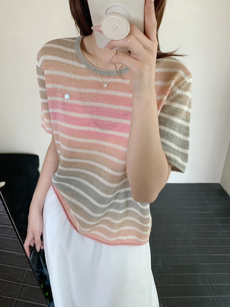 【素简.970135】夏款上新高端进口渐变和纸条纹短袖女装上新针织衫