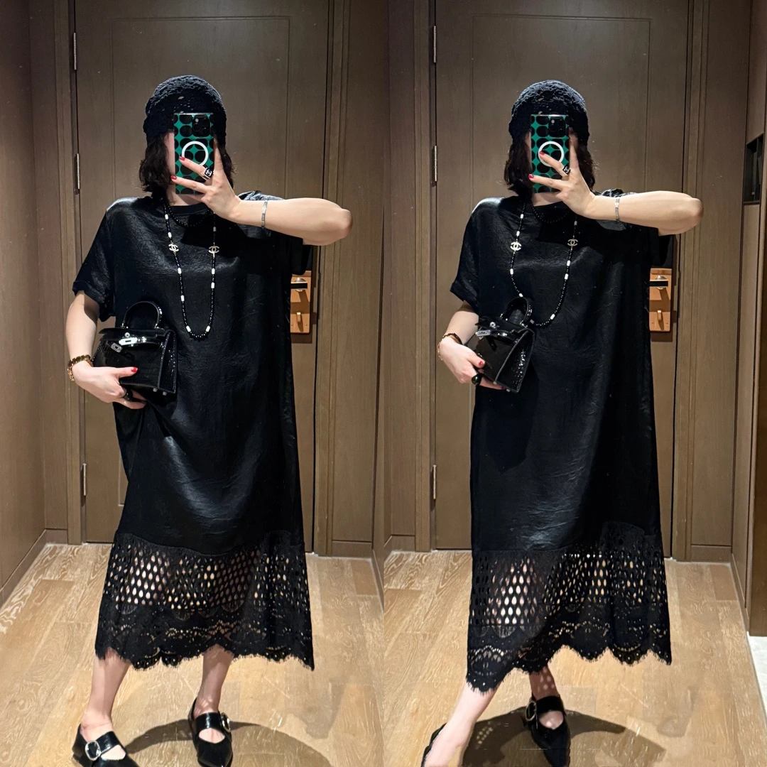 YDFSTUDIO小众【黑韵典范】欧货高品醋酸下摆镂空设计时尚连衣裙