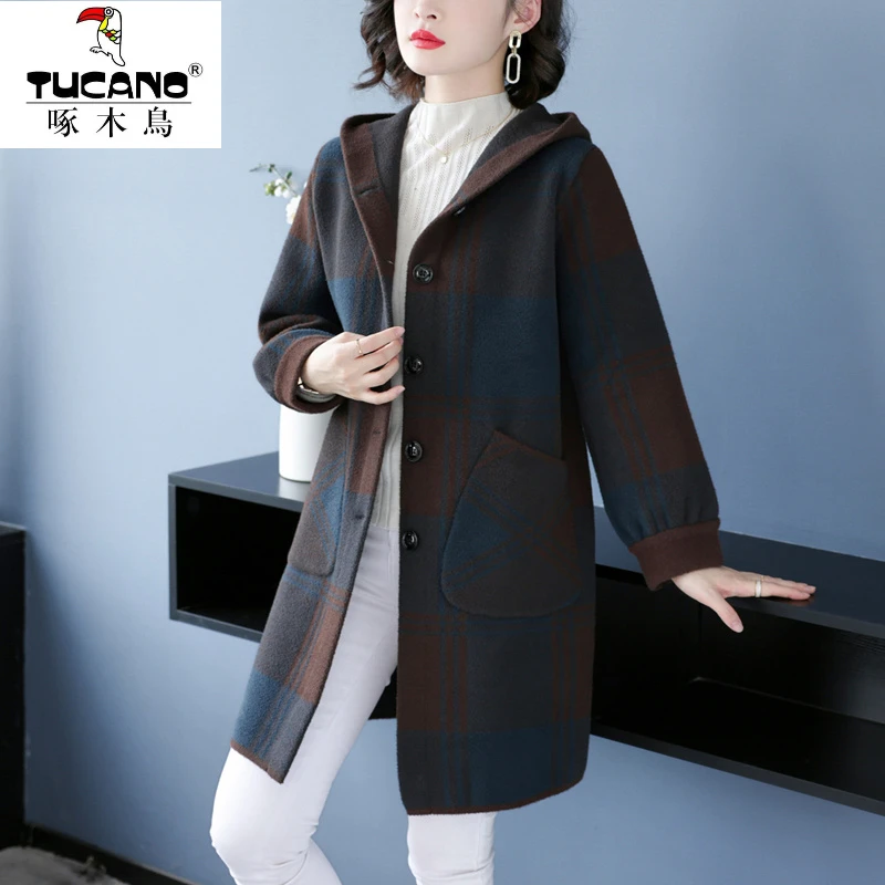 啄木鸟妈妈连帽羊绒大衣中长款2025秋冬新款宽松大码中老年格子毛