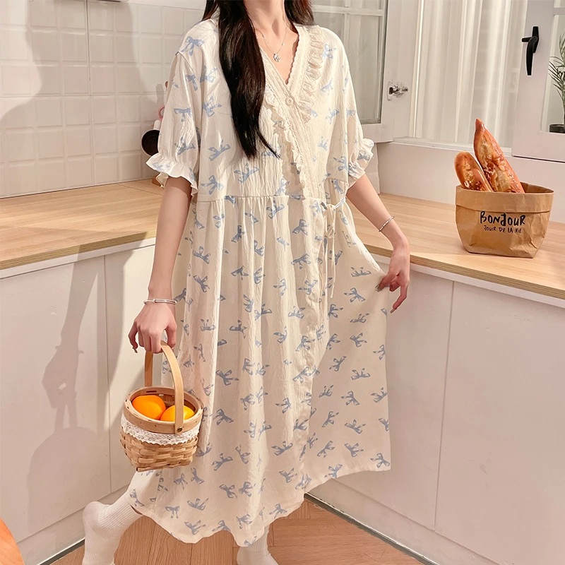 夏季新款孕妇短袖和服月子裙女款甜美花边产后哺乳睡裙宽松家居服