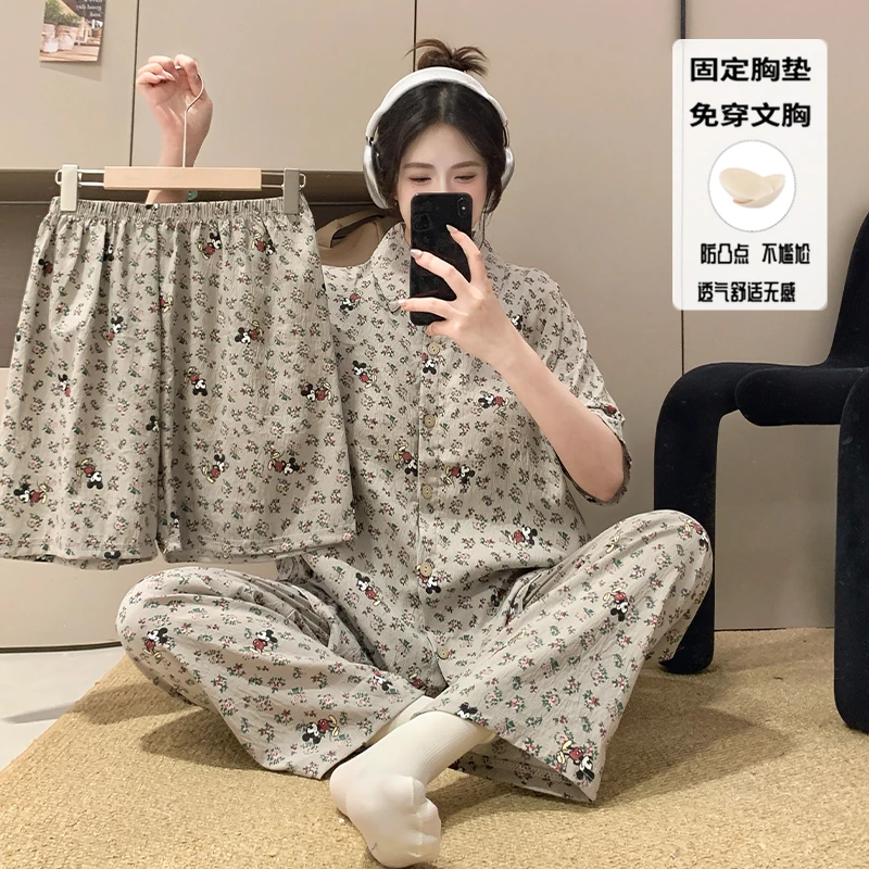 睡衣女款爆款2025新款云朵棉碎花卡通米奇带胸垫学生家居服三件套